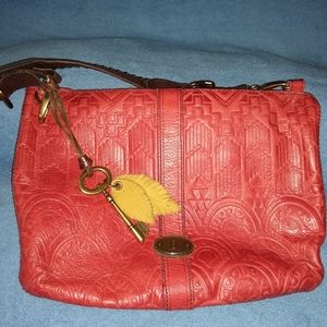 Fossil Red Embossed Leather Shoulder Bag